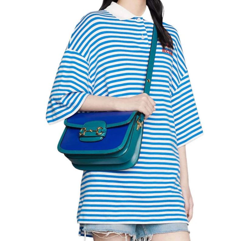 Top lv Horsebit Gucci Horsebit 1955 Small Shoulder Bag Blue and Green Leather