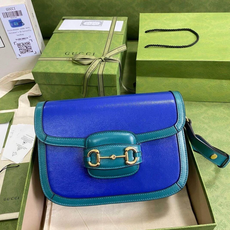 Top lv Horsebit Gucci Horsebit 1955 Small Shoulder Bag Blue and Green Leather