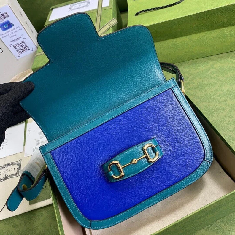 Top lv Horsebit Gucci Horsebit 1955 Small Shoulder Bag Blue and Green Leather