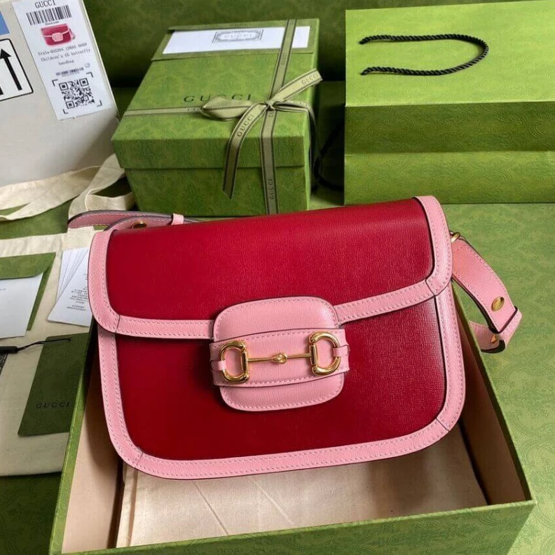 Top lv Horsebit Gucci Horsebit 1955 Small Shoulder Bag Red and Pink Leather
