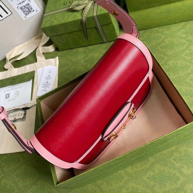 Top lv Horsebit Gucci Horsebit 1955 Small Shoulder Bag Red and Pink Leather