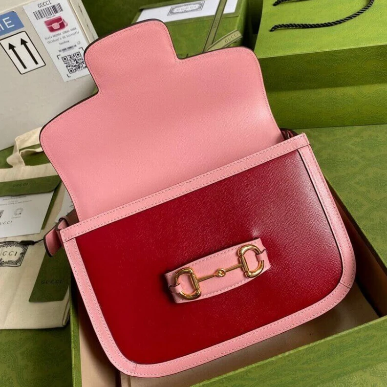 Top lv Horsebit Gucci Horsebit 1955 Small Shoulder Bag Red and Pink Leather