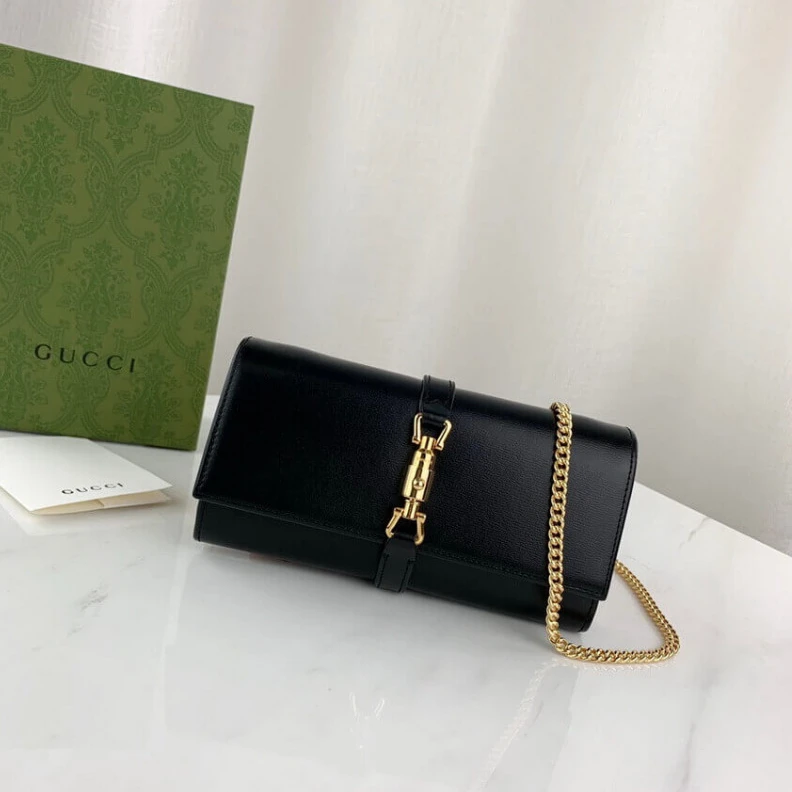 Replica bag Goldtoned Gucci Jackie 1961 Black Calfskin Chain Wallet