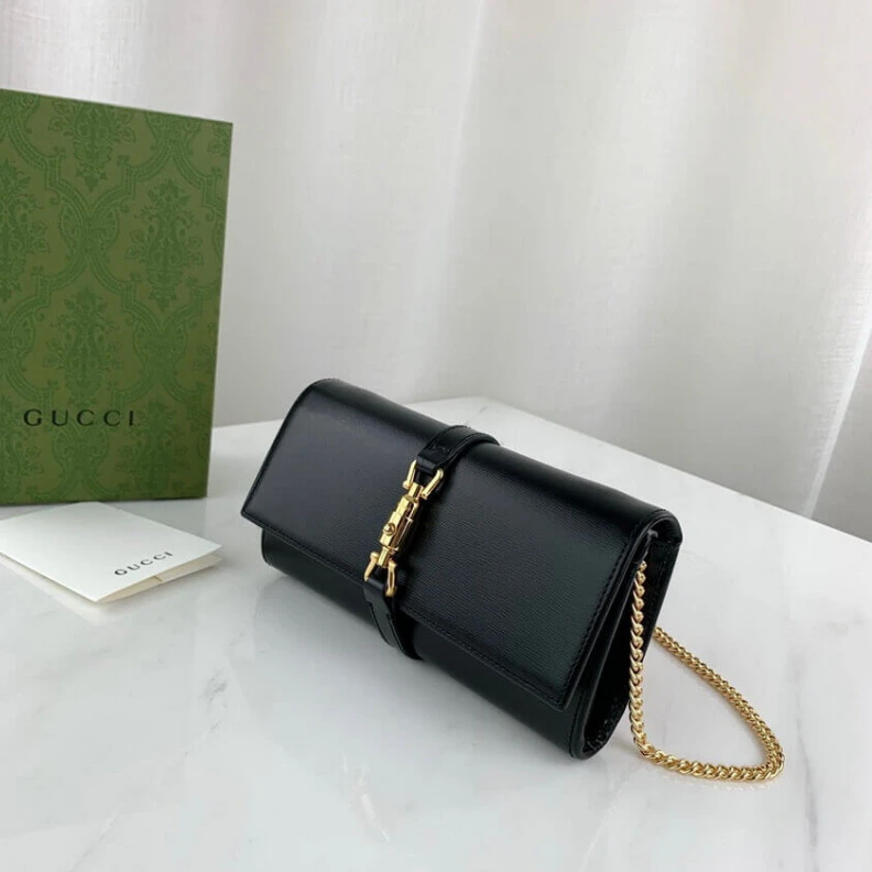 Replica bag Goldtoned Gucci Jackie 1961 Black Calfskin Chain Wallet