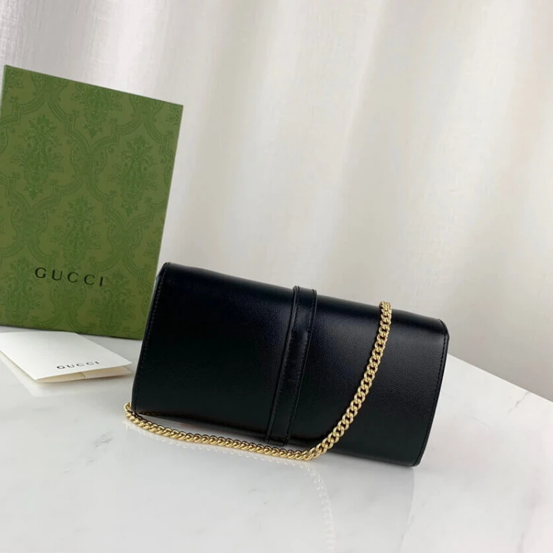 Replica bag Goldtoned Gucci Jackie 1961 Black Calfskin Chain Wallet