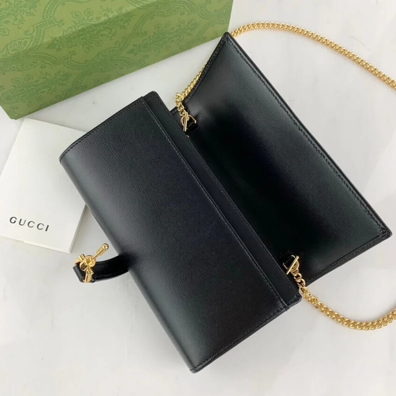 Replica bag Goldtoned Gucci Jackie 1961 Black Calfskin Chain Wallet