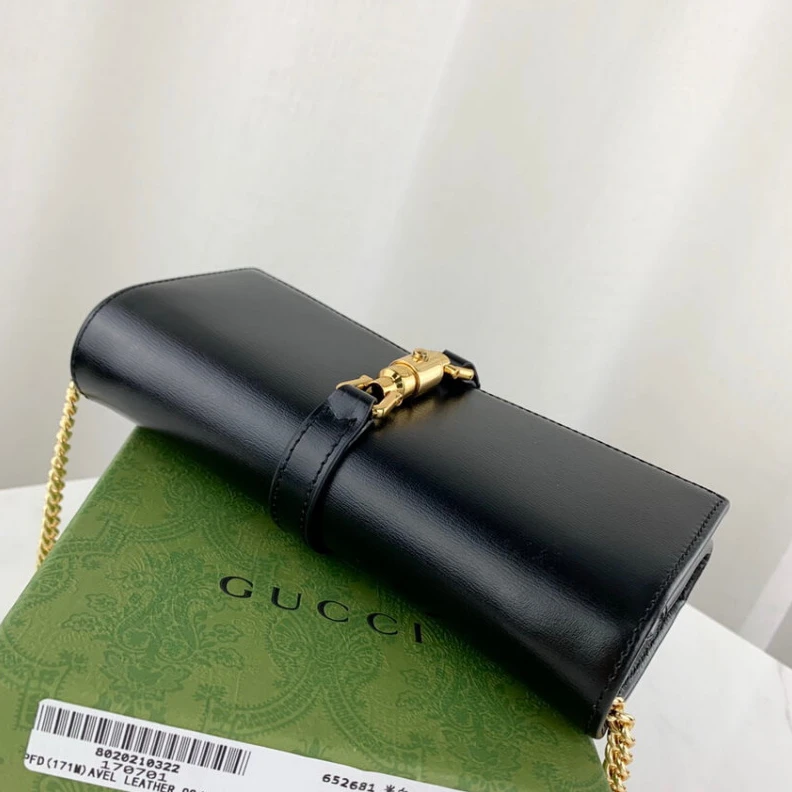 Replica bag Goldtoned Gucci Jackie 1961 Black Calfskin Chain Wallet