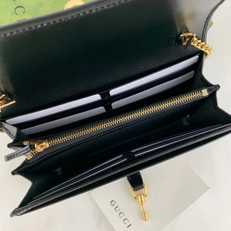 Replica bag Goldtoned Gucci Jackie 1961 Black Calfskin Chain Wallet