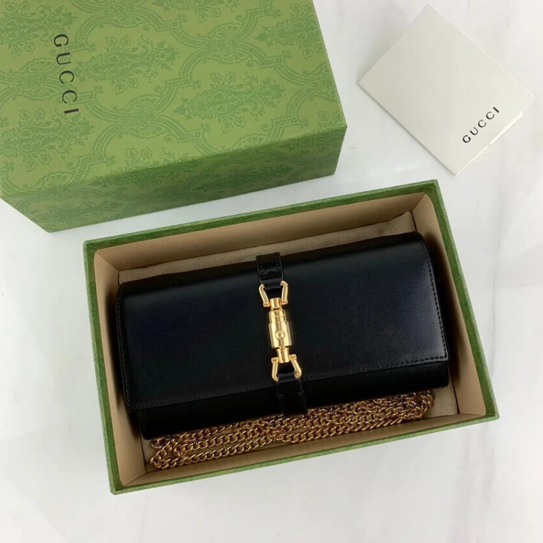 Replica bag Goldtoned Gucci Jackie 1961 Black Calfskin Chain Wallet
