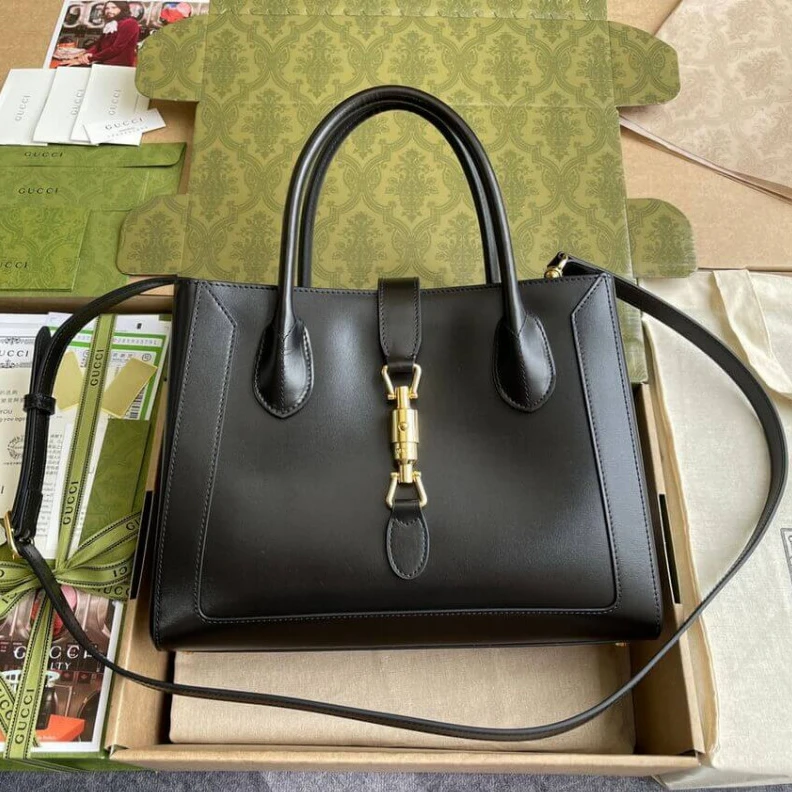 Replica bags Internal: Gucci Jackie 1961 Medium Tote Bag in Black Leather