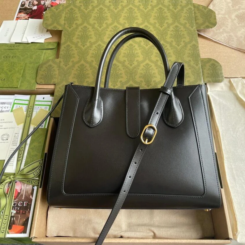 Replica bags Internal: Gucci Jackie 1961 Medium Tote Bag in Black Leather