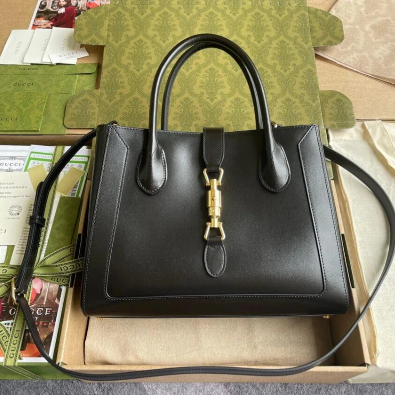 Replica bags Internal: Gucci Jackie 1961 Medium Tote Bag in Black Leather