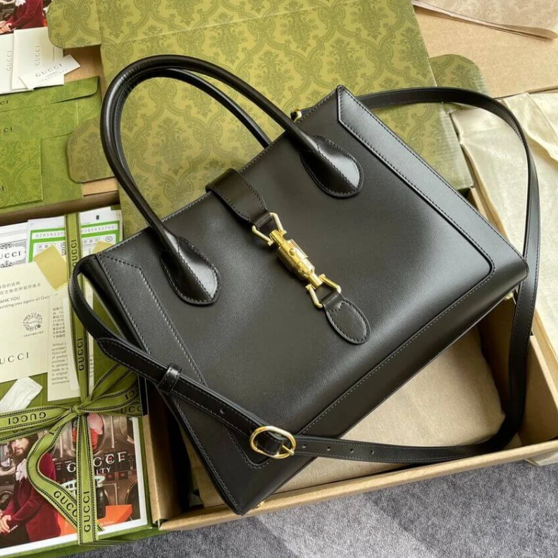 Replica bags Internal: Gucci Jackie 1961 Medium Tote Bag in Black Leather