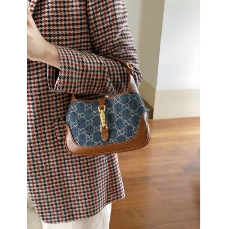 Replica bags lv Cotton li Gucci Jackie 1961 Mini Shoulder Bag in Blue Jacquard Denim