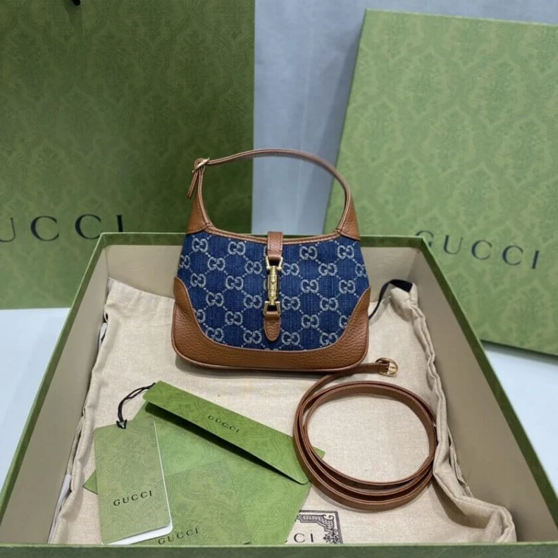 Replica bags lv Cotton li Gucci Jackie 1961 Mini Shoulder Bag in Blue Jacquard Denim