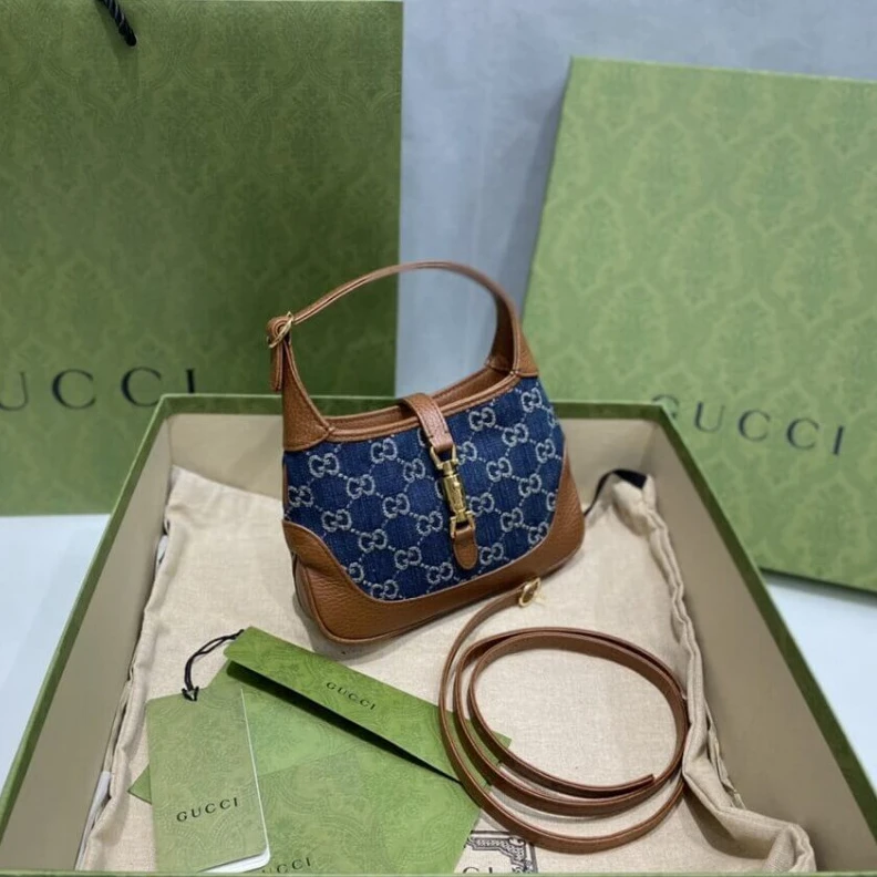 Replica bags lv Cotton li Gucci Jackie 1961 Mini Shoulder Bag in Blue Jacquard Denim