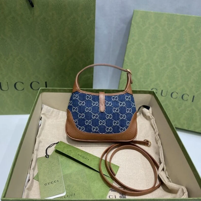 Replica bags lv Cotton li Gucci Jackie 1961 Mini Shoulder Bag in Blue Jacquard Denim