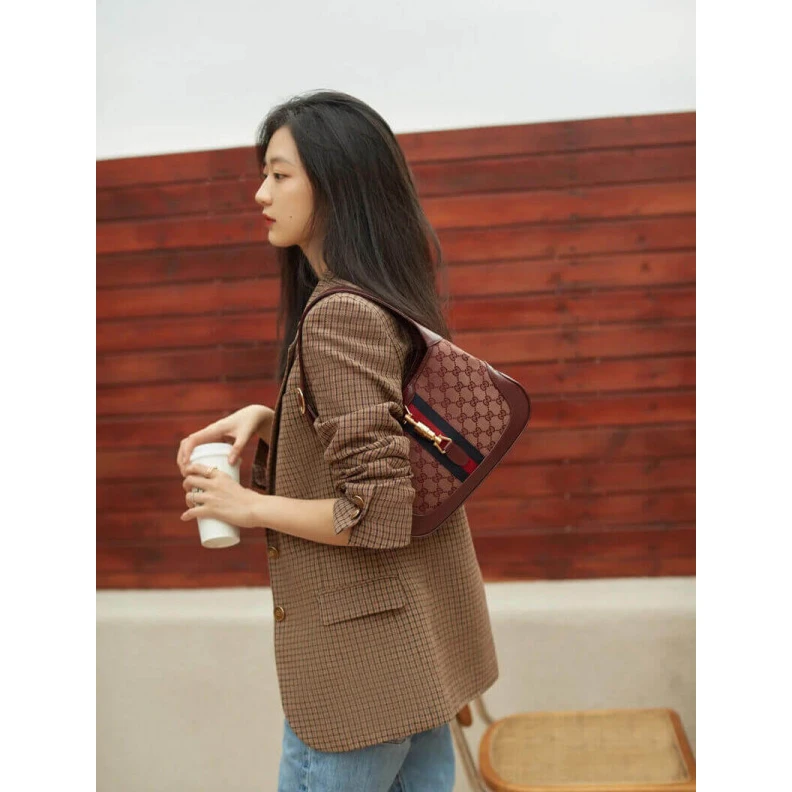 Kitlife W28cm x H Gucci Jackie 1961 Small Shoulder Bag in Burgundy GG Canvas