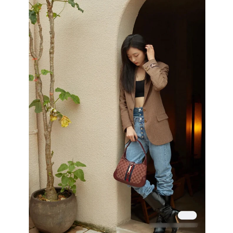 Kitlife W28cm x H Gucci Jackie 1961 Small Shoulder Bag in Burgundy GG Canvas