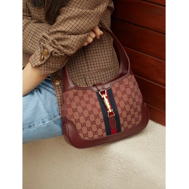 Kitlife W28cm x H Gucci Jackie 1961 Small Shoulder Bag in Burgundy GG Canvas