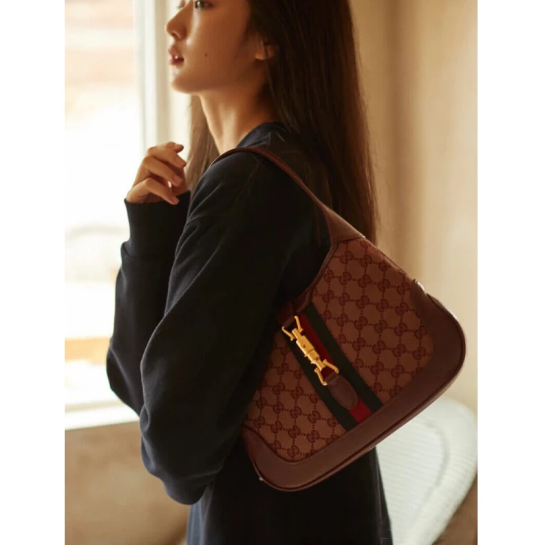 Kitlife W28cm x H Gucci Jackie 1961 Small Shoulder Bag in Burgundy GG Canvas