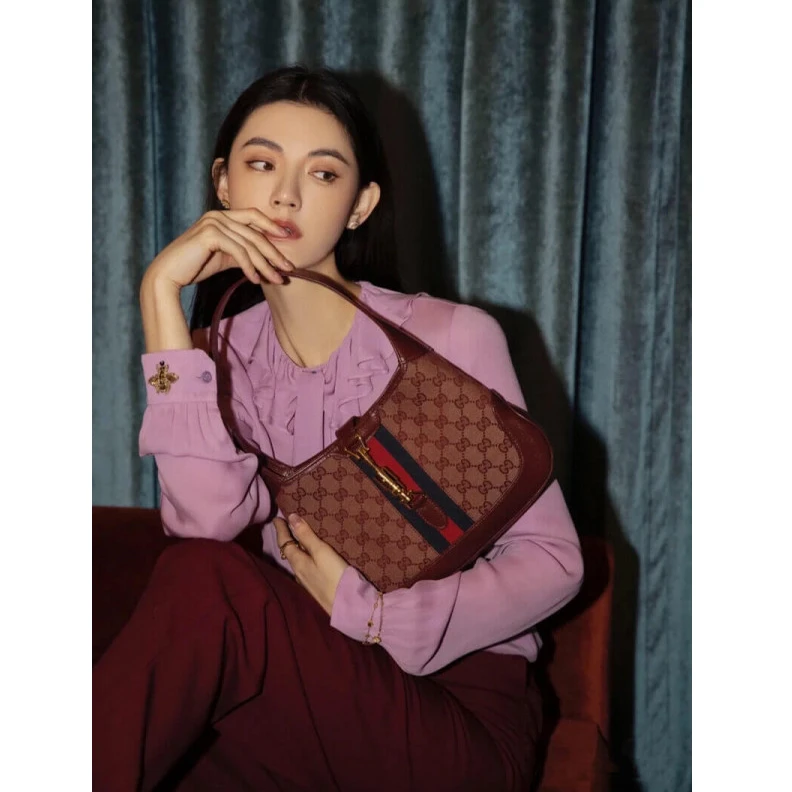 Kitlife W28cm x H Gucci Jackie 1961 Small Shoulder Bag in Burgundy GG Canvas