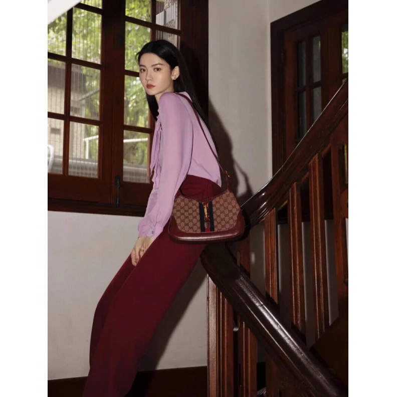 Kitlife W28cm x H Gucci Jackie 1961 Small Shoulder Bag in Burgundy GG Canvas