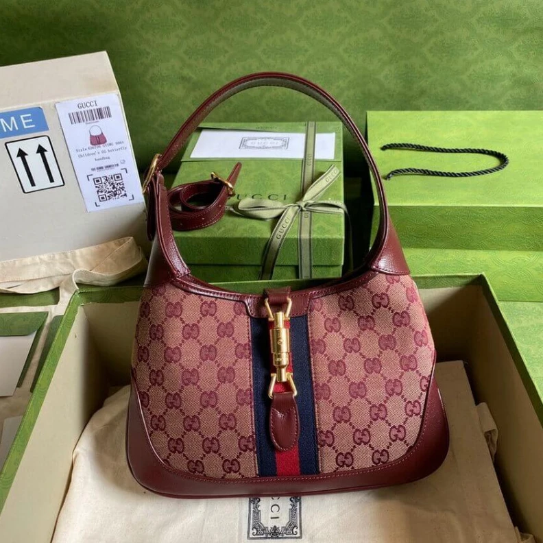 Kitlife W28cm x H Gucci Jackie 1961 Small Shoulder Bag in Burgundy GG Canvas