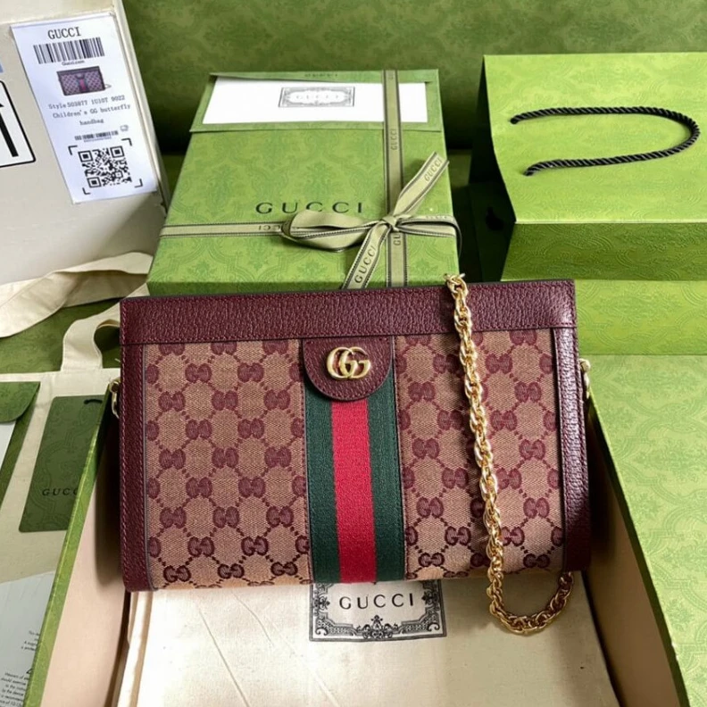 Green and Gucci Ophidia GG Small Shoulder Bag in Burgundy