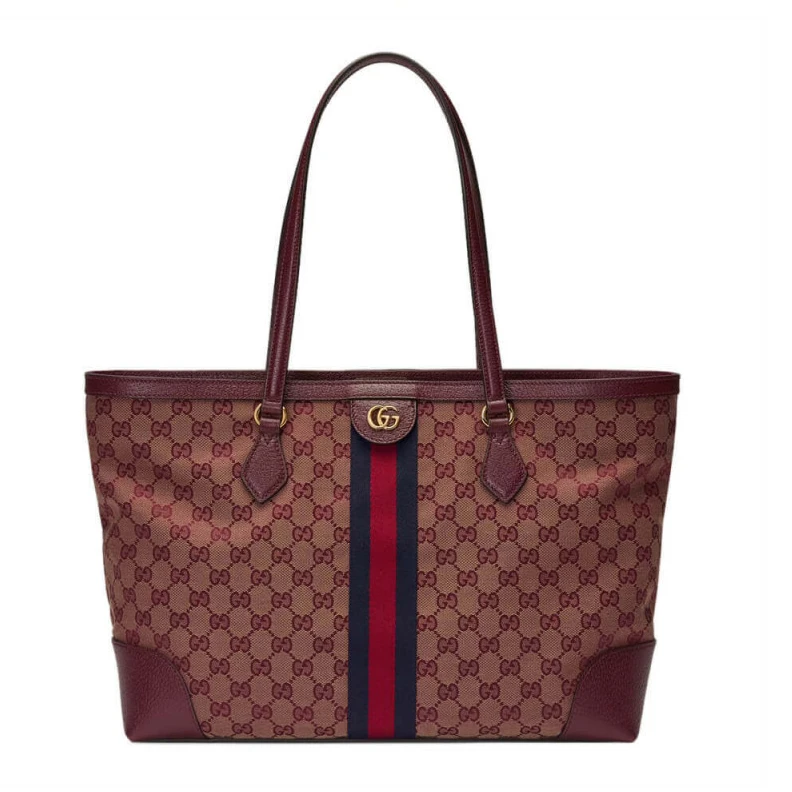 The world Gucci Ophidia Medium Tote With Web in Burgundy GG Canvas