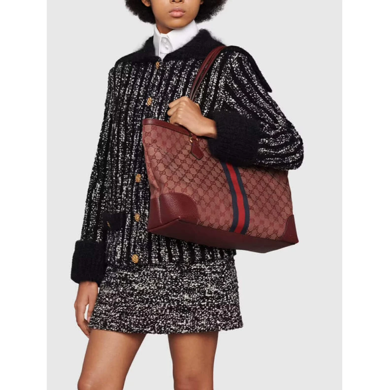 Replica bag The world Gucci Ophidia Medium Tote With Web in Burgundy GG Canvas