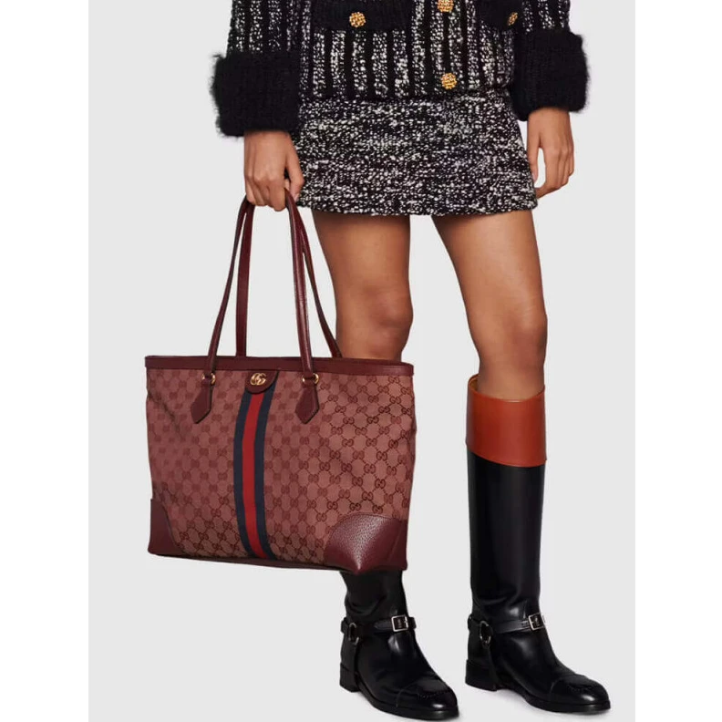 Replica bag The world Gucci Ophidia Medium Tote With Web in Burgundy GG Canvas