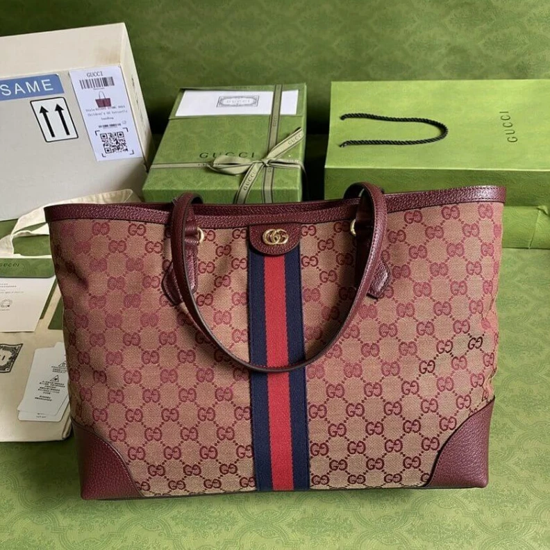 Replica bag The world Gucci Ophidia Medium Tote With Web in Burgundy GG Canvas