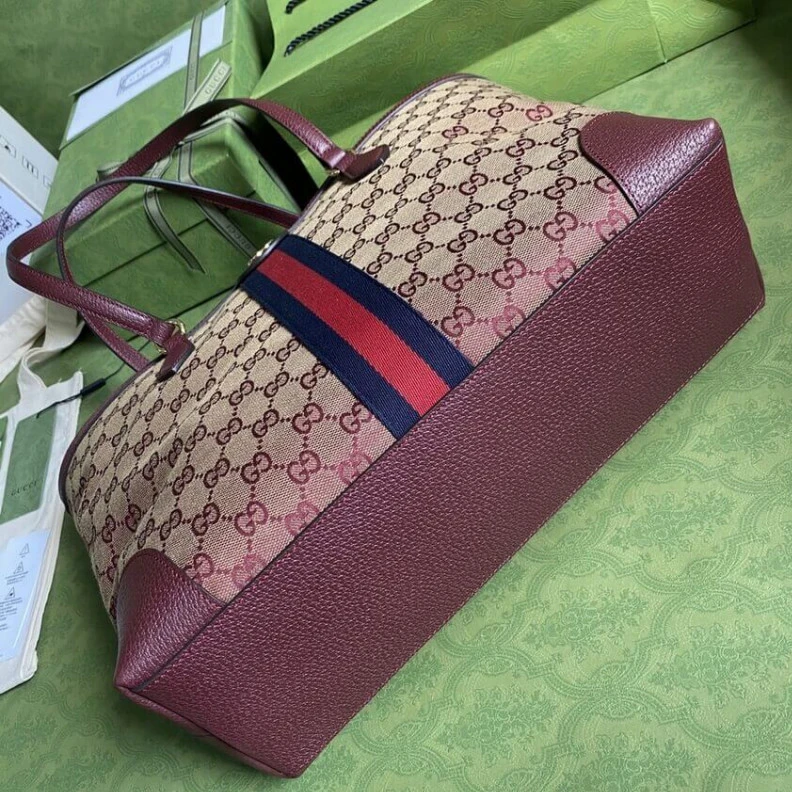 Replica bag The world Gucci Ophidia Medium Tote With Web in Burgundy GG Canvas