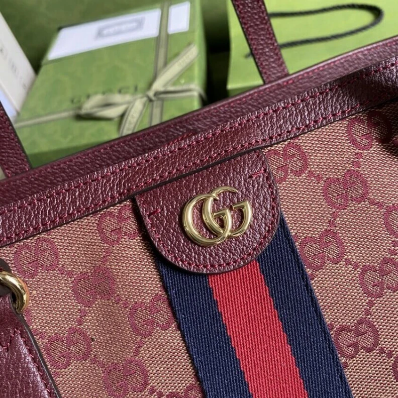 Replica bag The world Gucci Ophidia Medium Tote With Web in Burgundy GG Canvas