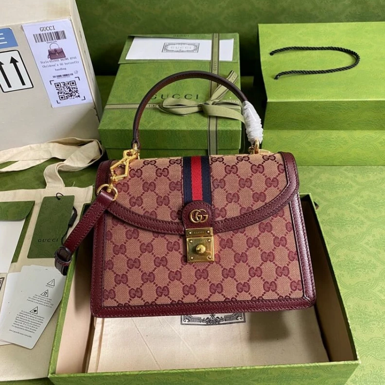 Beige and Gucci Ophidia Small Top Handle Bag With Web Burgundy