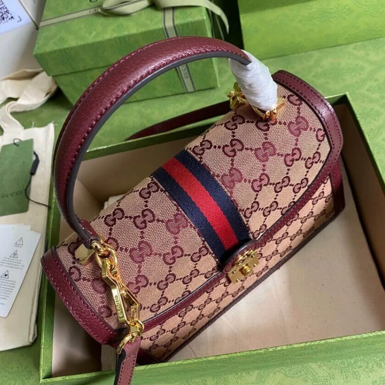 Top lv Beige and Gucci Ophidia Small Top Handle Bag With Web Burgundy