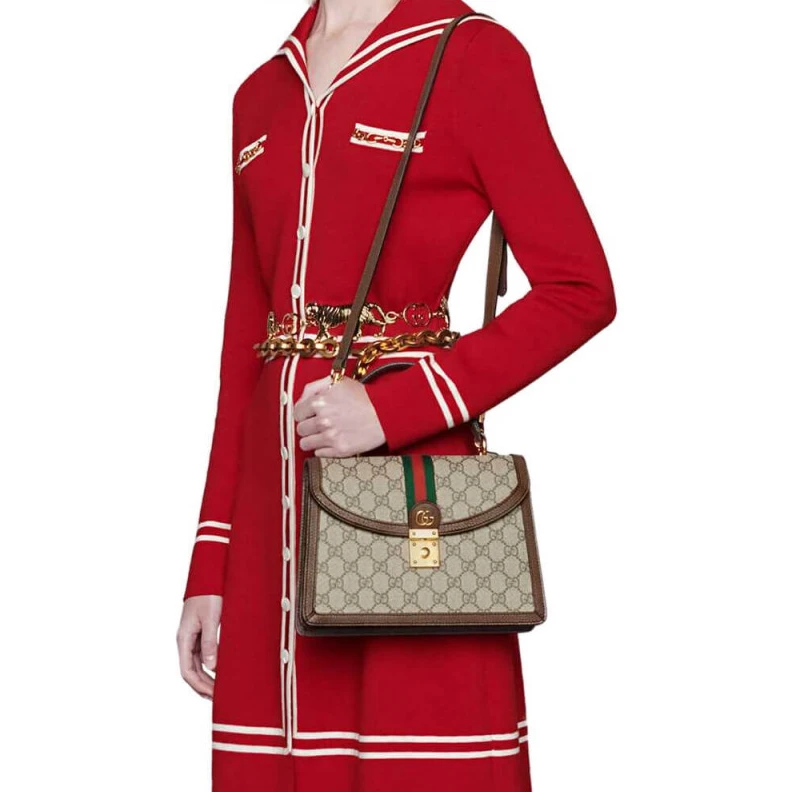 Kitlife Beige and Gucci Ophidia Small Top Handle Bag With Web