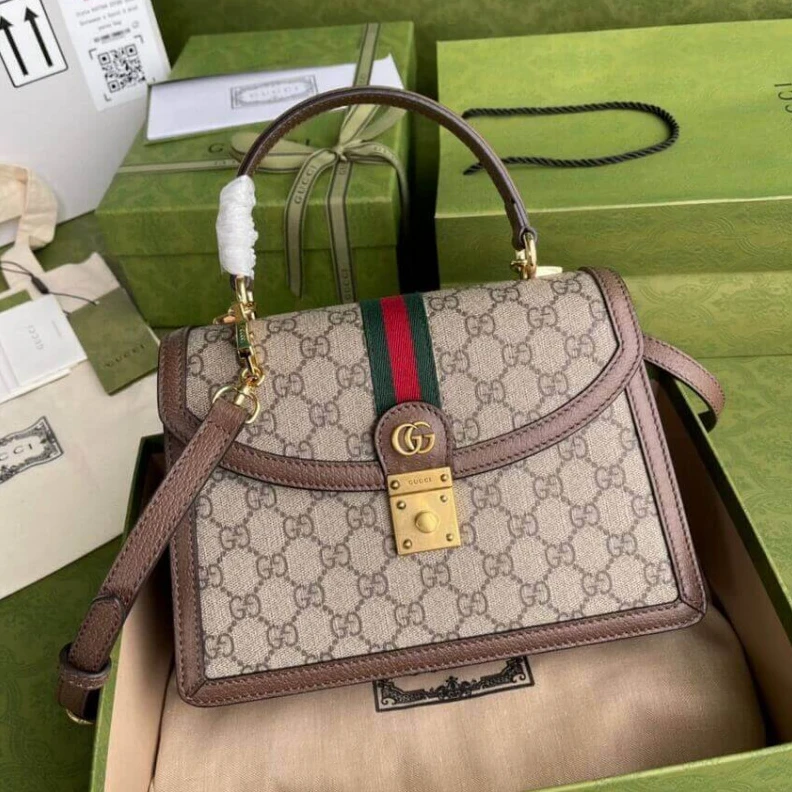 Kitlife Beige and Gucci Ophidia Small Top Handle Bag With Web
