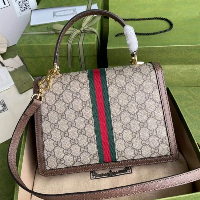 Kitlife Beige and Gucci Ophidia Small Top Handle Bag With Web