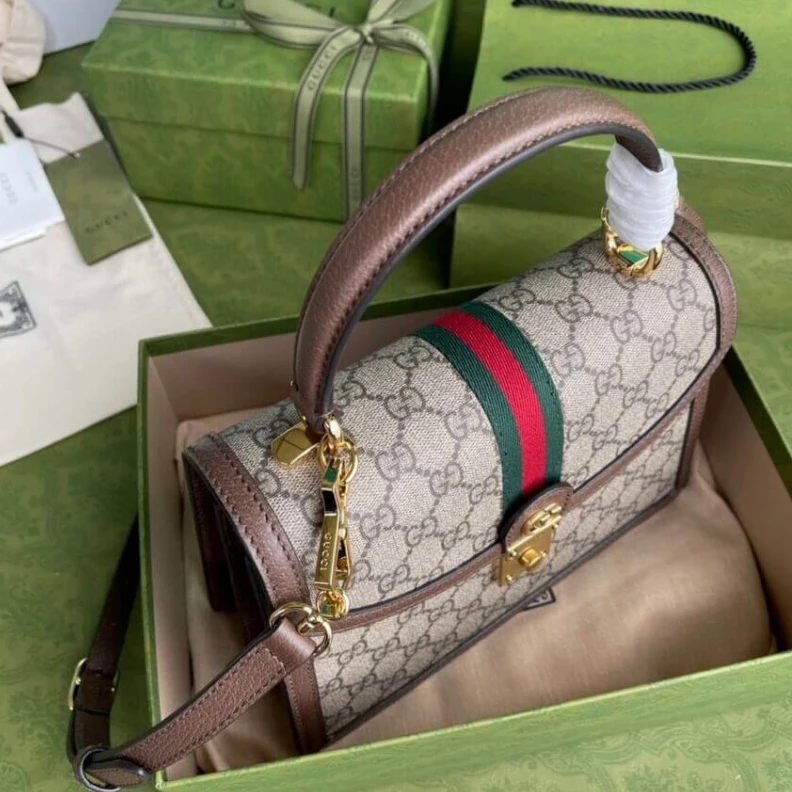 Kitlife Beige and Gucci Ophidia Small Top Handle Bag With Web