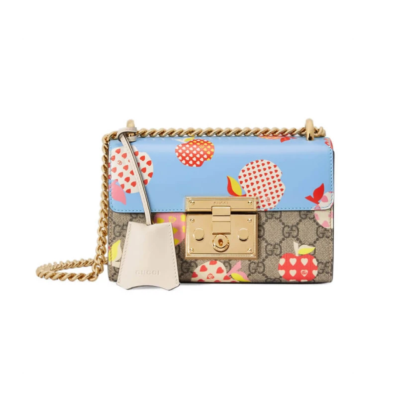 Key with Gucci Padlock Heart Apple Pattern Small Shoulder Bag Blue