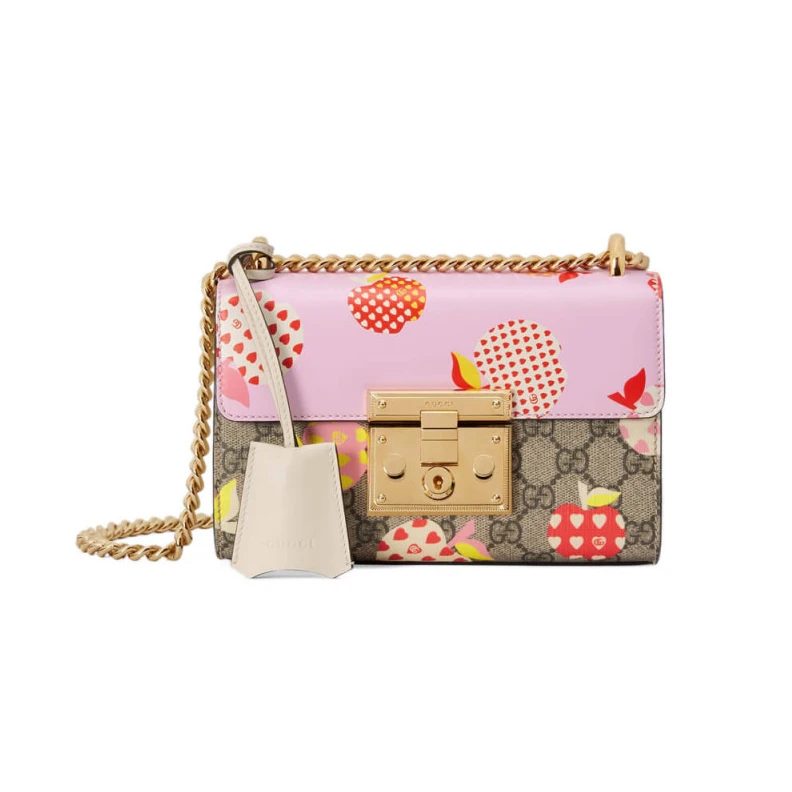Goldtoned Gucci Padlock Heart Apple Pattern Small Shoulder Bag Pink