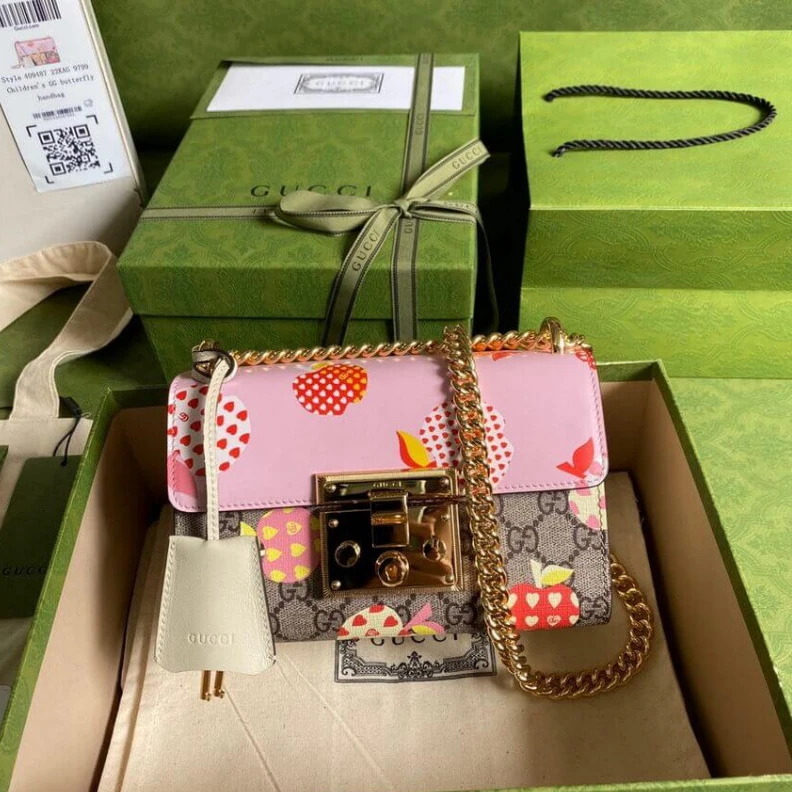 Kitlife Goldtoned Gucci Padlock Heart Apple Pattern Small Shoulder Bag Pink