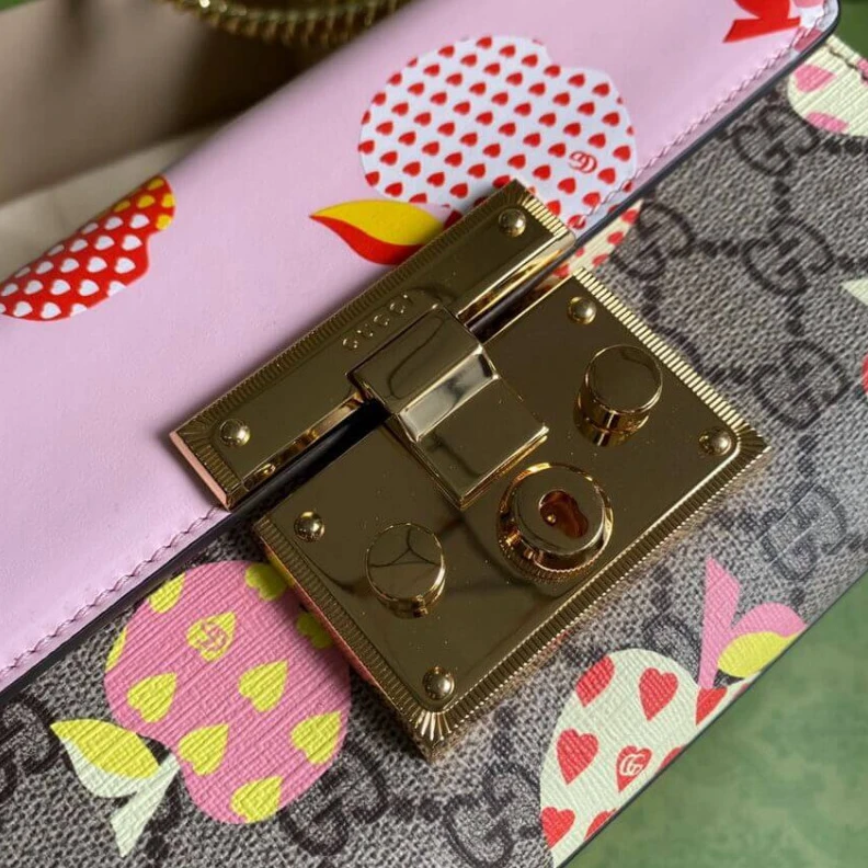 Kitlife Goldtoned Gucci Padlock Heart Apple Pattern Small Shoulder Bag Pink