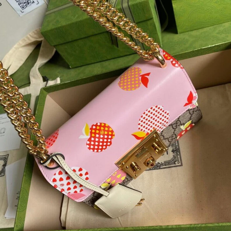 Kitlife Goldtoned Gucci Padlock Heart Apple Pattern Small Shoulder Bag Pink