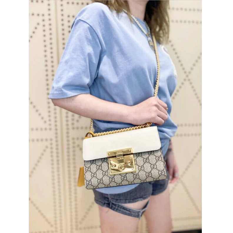 Kitlife Beige and Gucci Padlock Small GG Shoulder Bag White