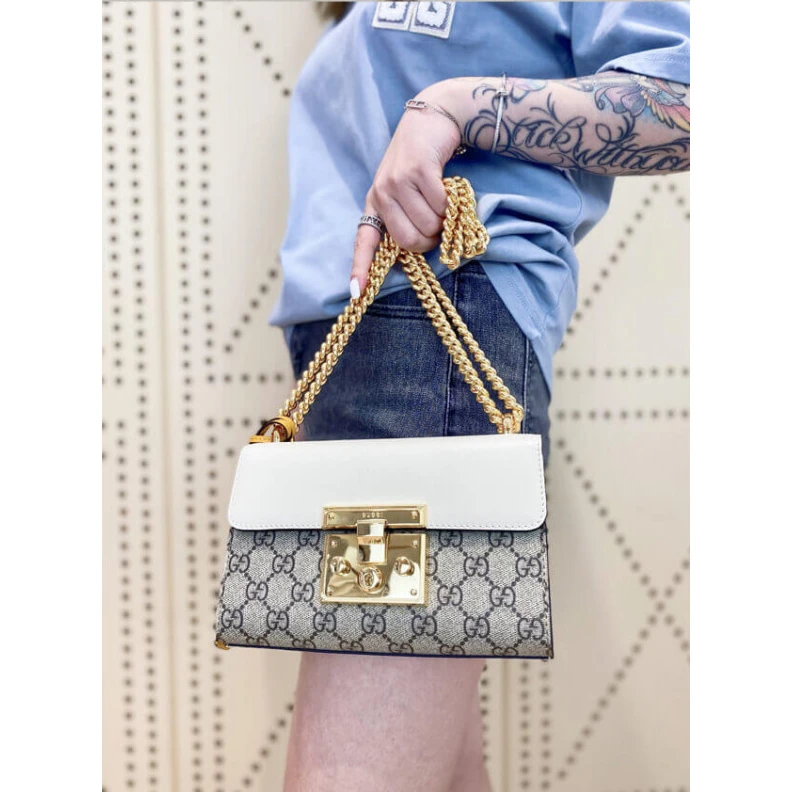 Kitlife Beige and Gucci Padlock Small GG Shoulder Bag White