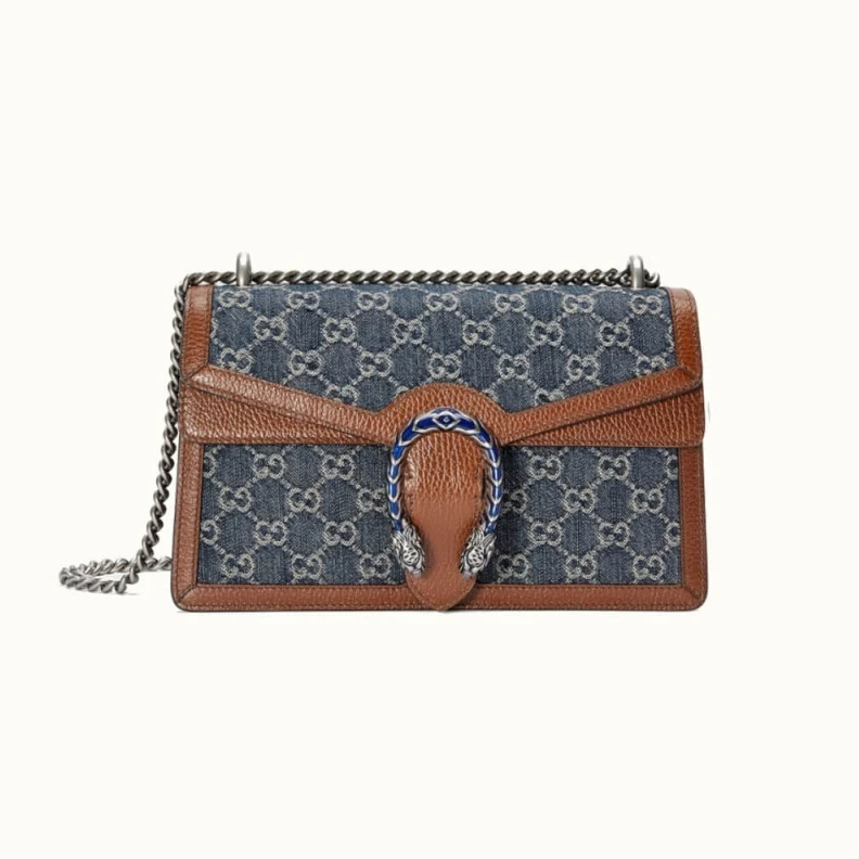 A message Gucci Small Dionysus Shoulder Bag in Blue Jacquard Denim