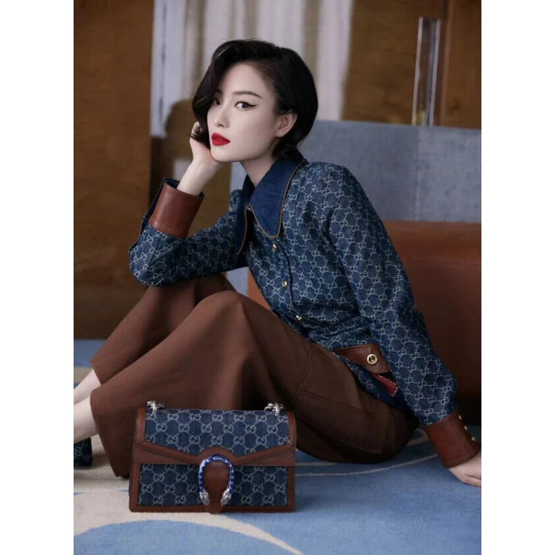 Top lv A message Gucci Small Dionysus Shoulder Bag in Blue Jacquard Denim
